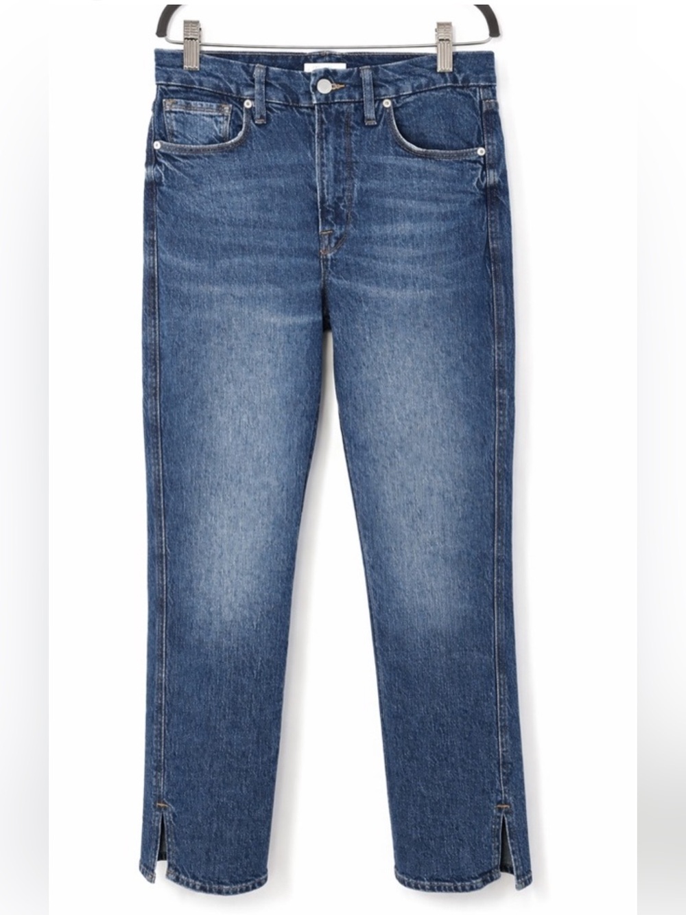 Good American Straight Leg Jeans 4/27 Medium Wash Notched Hem Stretch